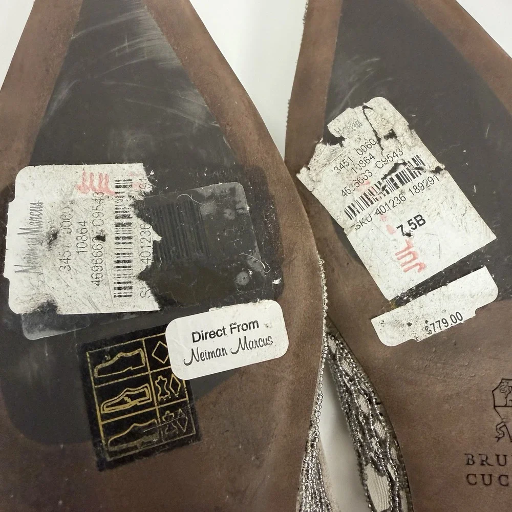 Brunello Cucinelli Monili Mesh Slingbacks Flats Shoes Taupe Suede 37 1/2 7.5 B